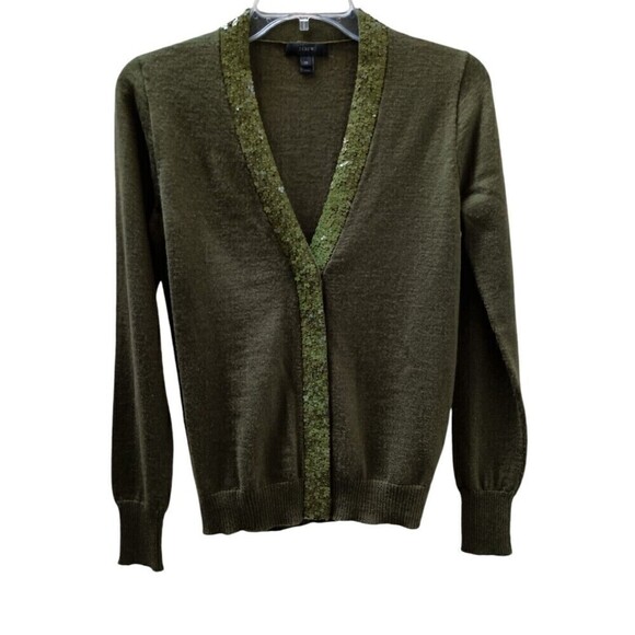 J Crew Cardigan Sweater XS Harlow Olive Green Sequined Merino Wool Quiet Luxury - Picture 1 of 6